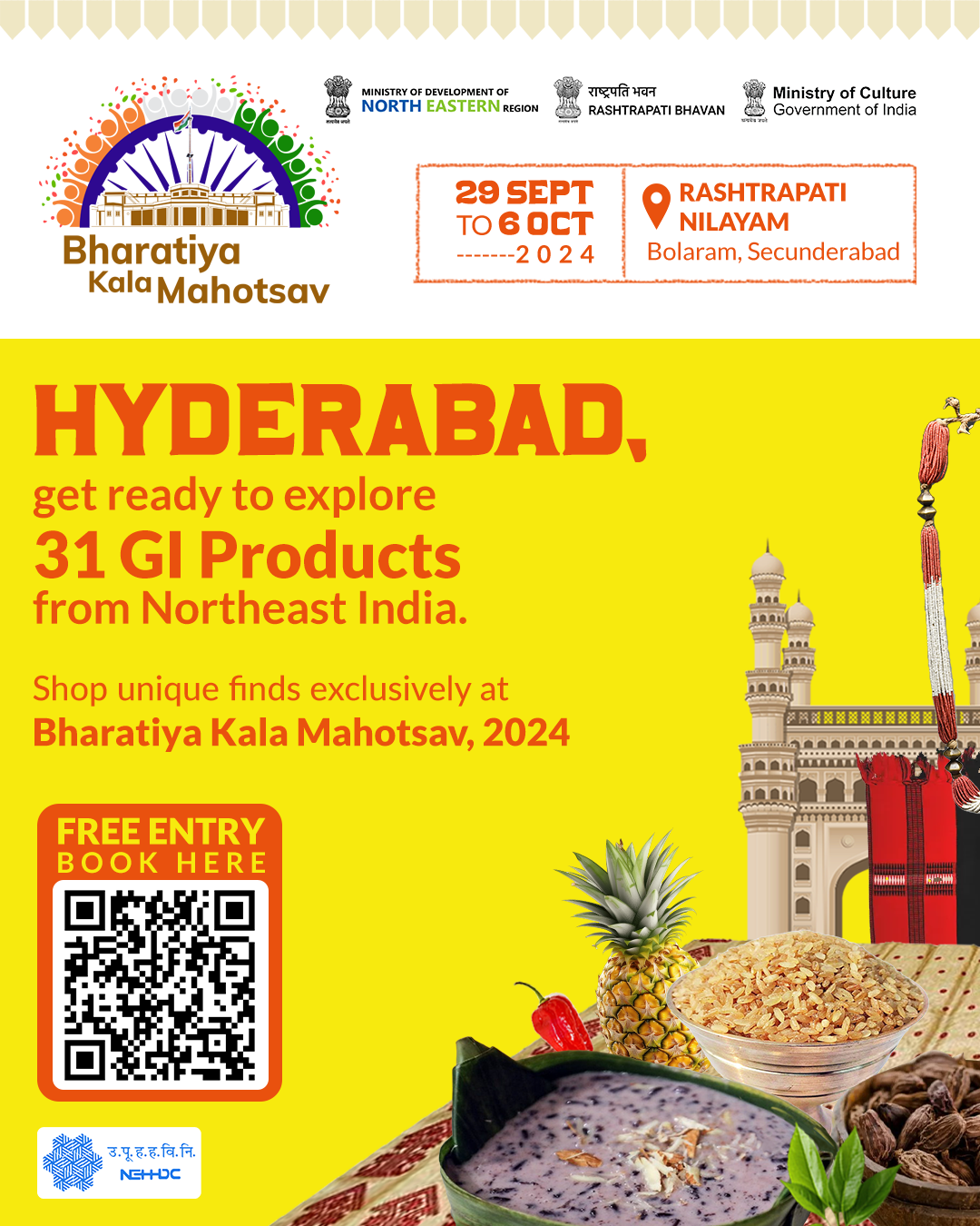 Hyderabad, get ready to explore 31 GI Products from Northeast India.  Shop unique finds exclusively at Bharatiya Kala Mahotsav, 2024