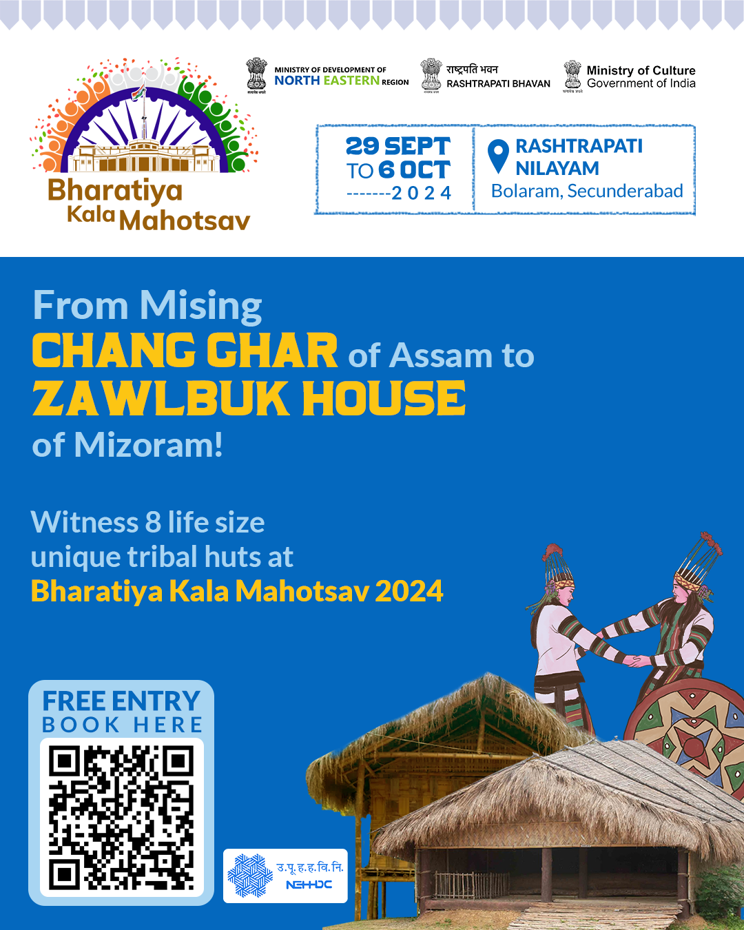 From Mising Chang Ghar of Assam to Zawlbuk House of Mizoram  Witness 8 life size unique tribal huts at Bharatiya Kala Mahotsav 2024