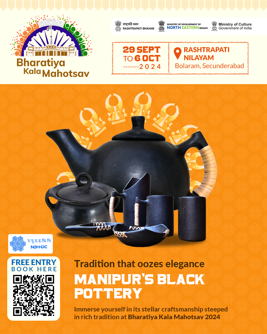 Tradition that oozes elegance  Manipur’s Black Pottery   Crafty details and symbolic patterns, rooted in beliefs and traditions of its people. Witness it at Bharatiya Kala Mahotsav 2024.